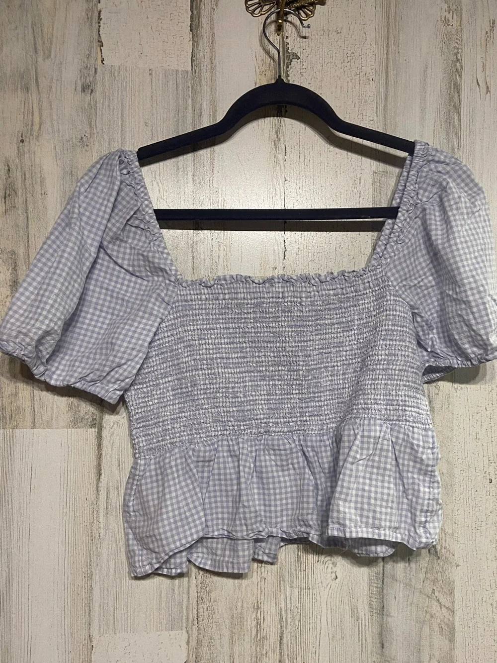 J.Crew Squareneck Smocked Purple Gingham Cotton Puff Sleeve Blouse Medium